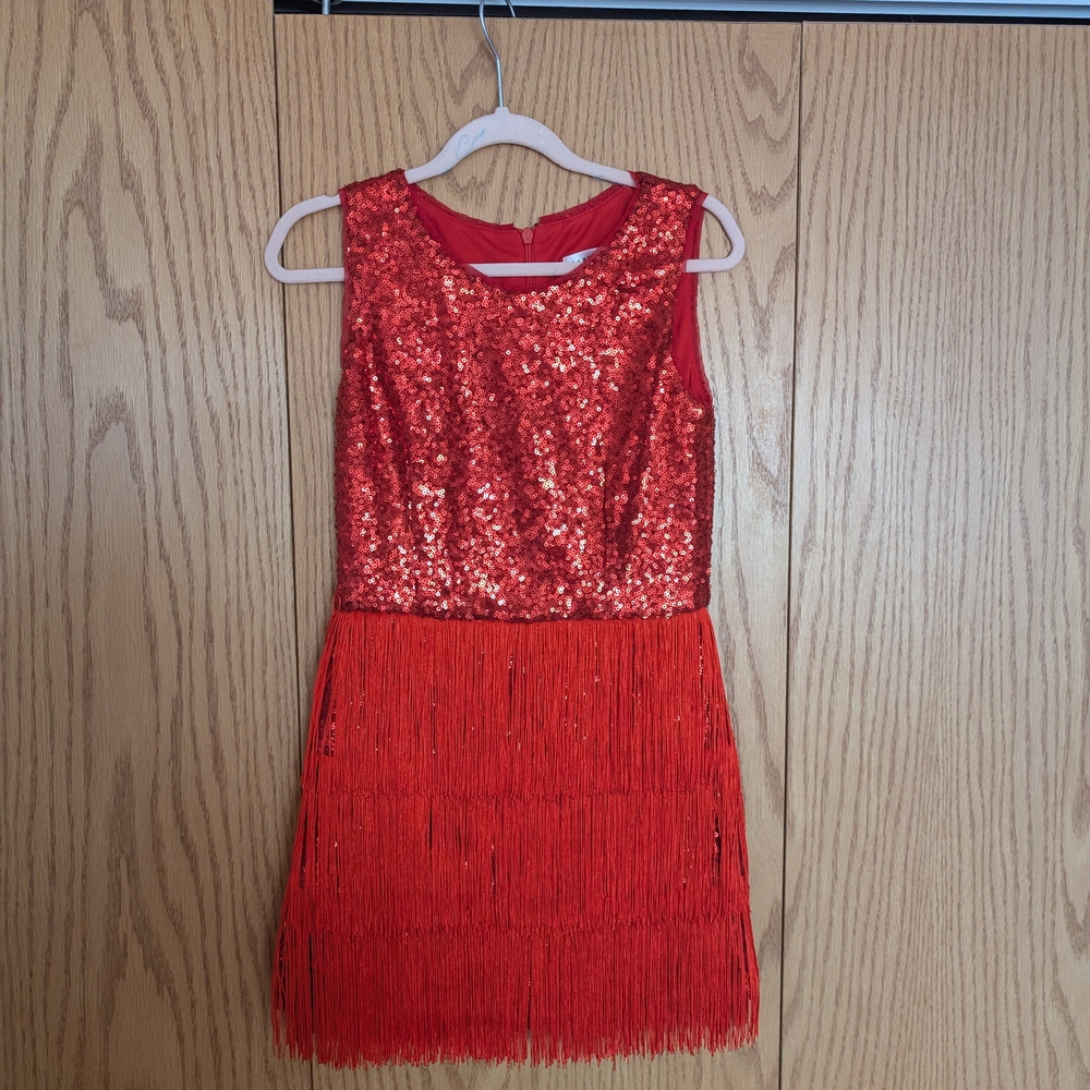 Red Sequin Fringe Kids Formal Dress